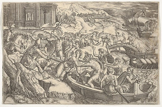 Étienne Delaune , After Marcantonio Raimondi c1480–before 1534 Bologna ):Tha Abduction of Helen 16th century, vintage artwork, 16x12"(A3) Poster Print