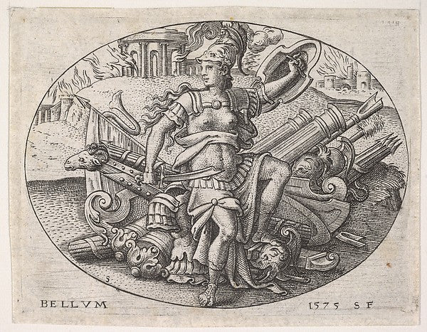 Étienne Delaune:War: Bellona sits on a trophy of arms 1575, vintage artwork, 16x12"(A3) Poster Print