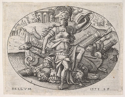 Étienne Delaune:War: Bellona sits on a trophy of arms 1575, vintage artwork, 16x12"(A3) Poster Print