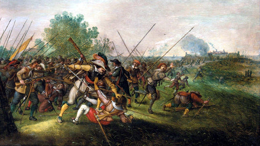 Excerpt of Foot Soldiers in a Battle, a Village Burning Beyond, vintage artwork by Sebastian Vrancx, A3 (16x12") Poster Print