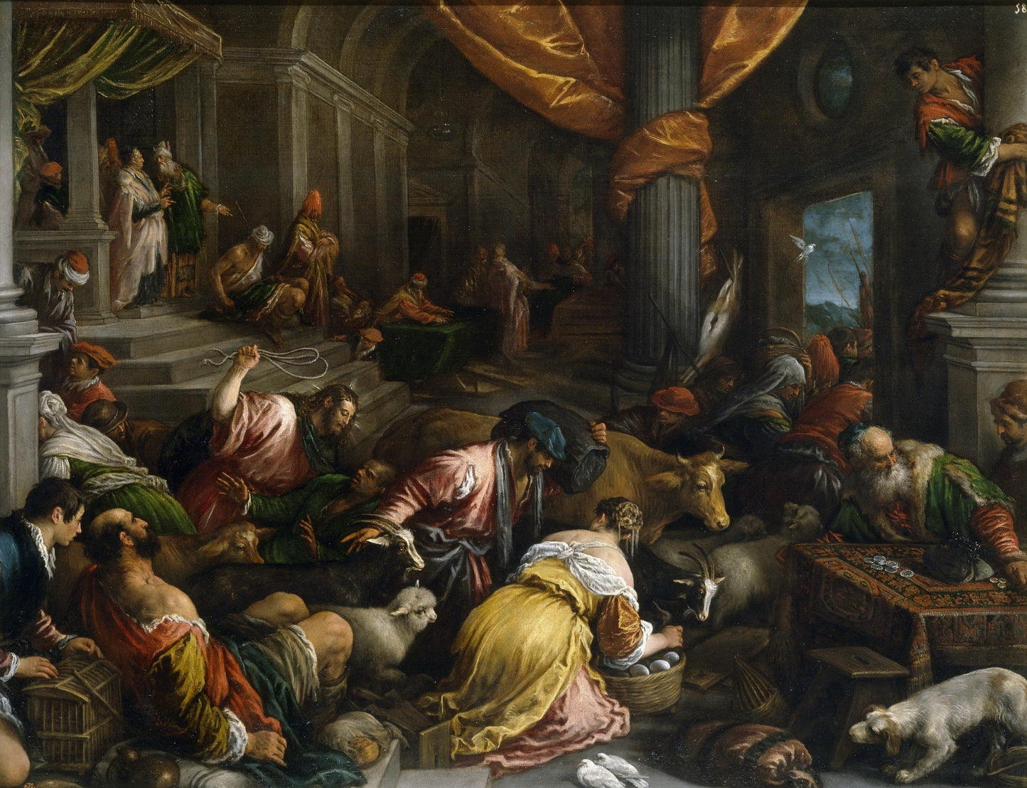 Expulsion of the Merchants from the Temple, vintage artwork by Francesco Bassano  the Younger, 12x8" (A4) Poster