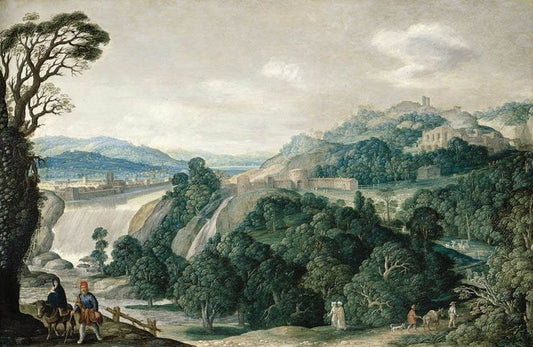 Extensive Landscape with the Flight into Egypt, vintage artwork by Johann König, 12x8" (A4) Poster