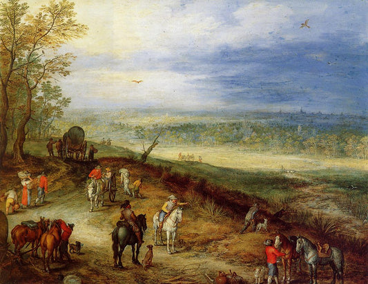 Extensive Landscape with Travellers on a Country Road, vintage artwork by Jan Brueghel the Elder, 12x8" (A4) Poster