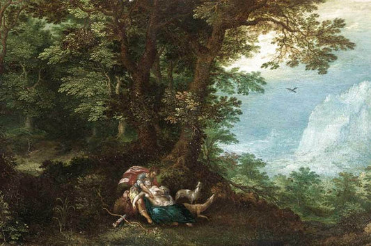 Extensive Wooded Landscape with Cephalus and Procris, vintage artwork by Denijs van Alsloot, 12x8" (A4) Poster