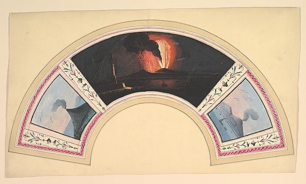 Fan Design with Eruption of Vesuvius and Three Views 18th cent, vintage art, A3 (16x12") Poster Print