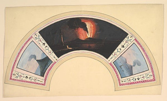 Fan Design with Eruption of Vesuvius and Three Views 18th cent, vintage art, A3 (16x12") Poster Print