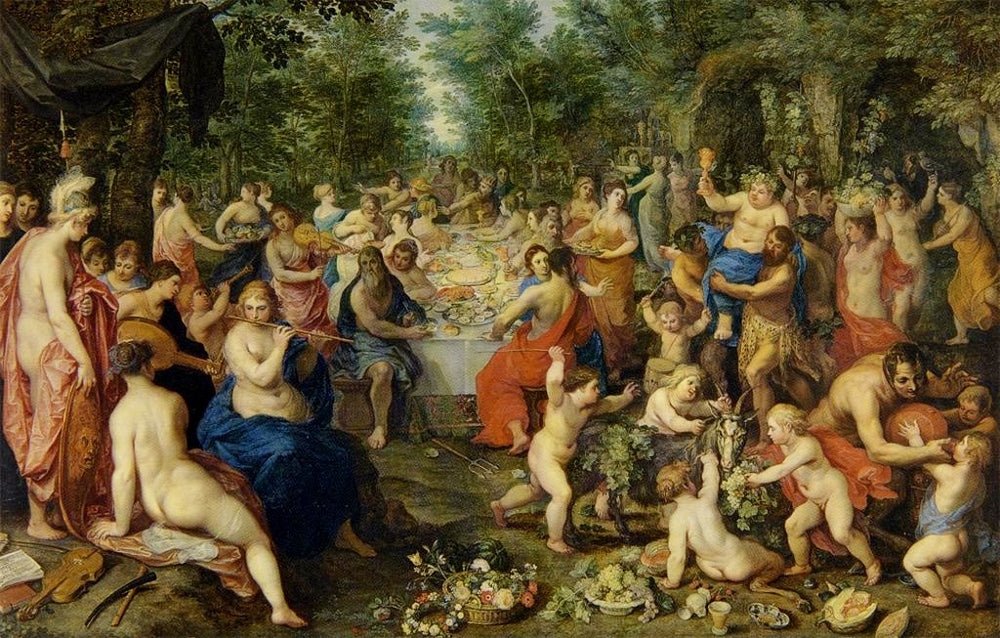 Feast of the Gods with Bacchus, vintage artwork by Hendrick van Balen, 12x8" (A4) Poster
