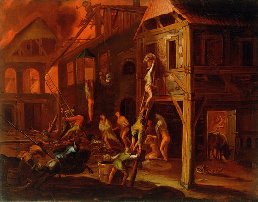 Fire in a Village, vintage artwork by Gillis van Valckenborch, A3 (16x12") Poster Print