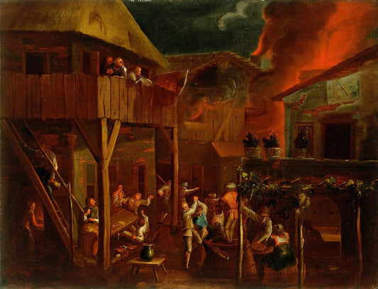 Fire in a Village with a Tavern, vintage artwork by Gillis van Valckenborch, A3 (16x12") Poster Print