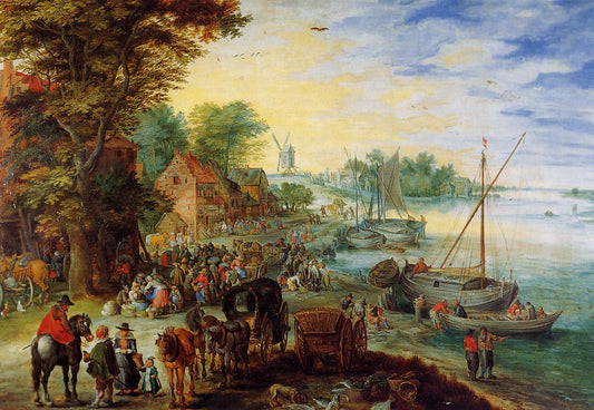 Fish Market on the Banks of the River, vintage artwork by Jan Brueghel the Elder, 12x8" (A4) Poster