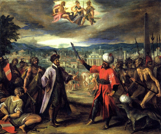 Five Allegories on the Turkish Wars: Decleration of War at Constantinopel, vintage artwork by Hans von Aachen, 12x8" (A4) Poster