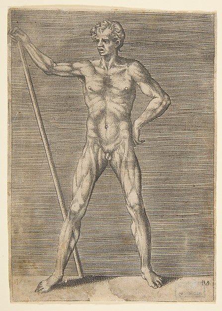 Flayed man seen from in front  holding a stick c1531–76-Giulio, vintage art, A3 (16x12") Poster Print