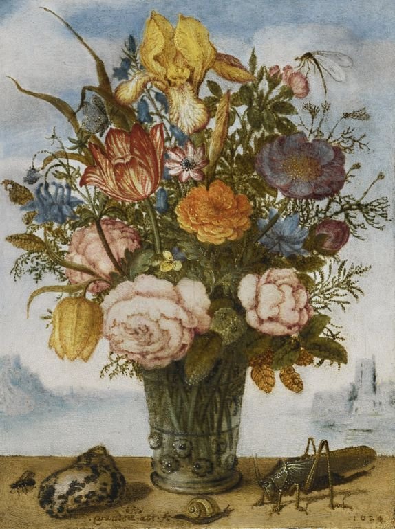Flower Bouquet on a Ledge, vintage artwork by Balthasar van der Ast, 12x8" (A4) Poster