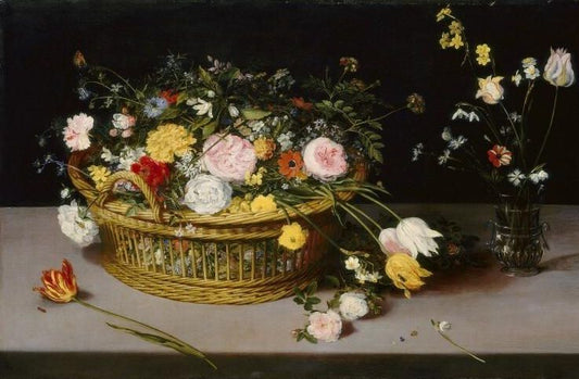 Flowers in a Basket and a Vase, vintage artwork by Jan Brueghel the Elder, 12x8" (A4) Poster