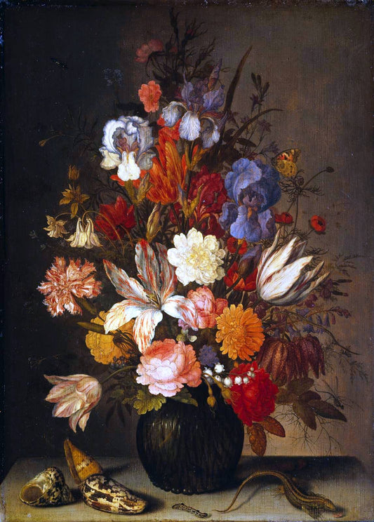 Flowers in a Glass Vase, Shells, a Caterpillar and a Lizard on a Stone Table, vintage artwork by Balthasar van der Ast, 12x8" (A4) Poster