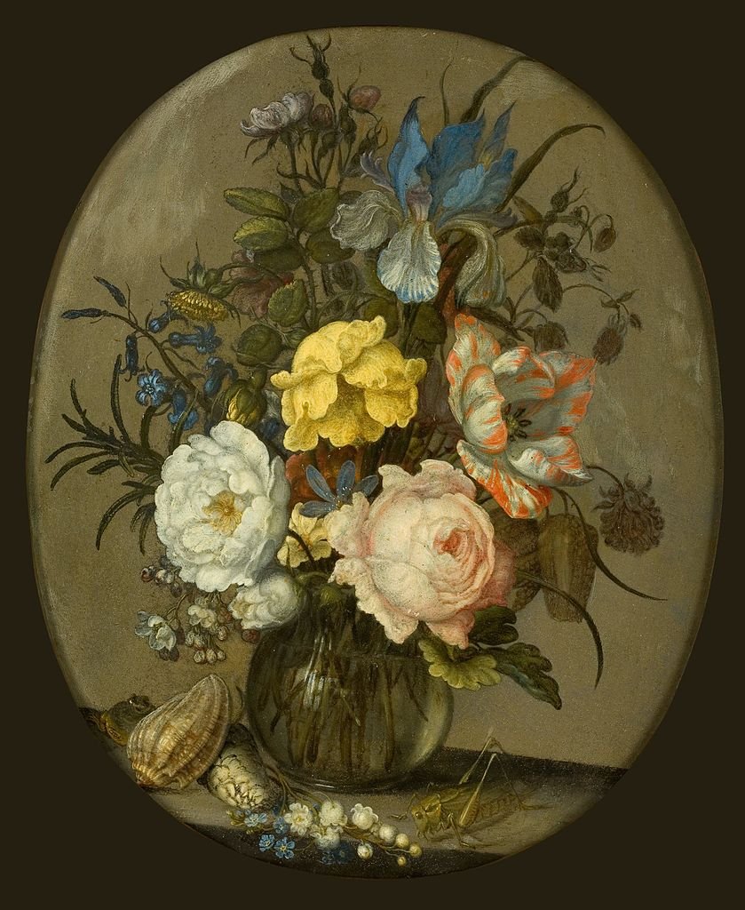 Flowers in a Glass Vase with Shells and Insect, vintage artwork by Balthasar van der Ast, 12x8" (A4) Poster