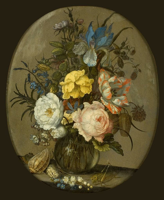Flowers in a Glass Vase with Shells and Insect, vintage artwork by Balthasar van der Ast, 12x8" (A4) Poster