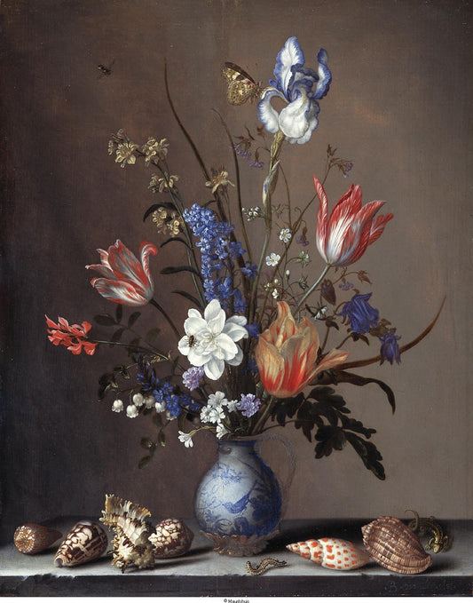 Flowers in a Wan-Li Vase, with Shells, vintage artwork by Balthasar van der Ast, 12x8" (A4) Poster