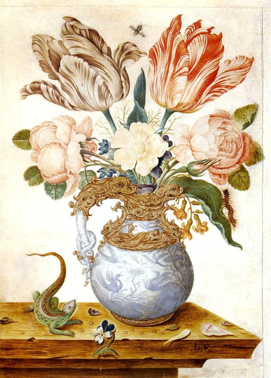 Flowers in an Ornamental Vase, A Lizard Beside It, vintage artwork by Jean-Baptiste Fornenburgh, 12x8" (A4) Poster