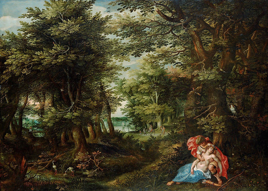 Forest Landscape with Cephalus and Procris, vintage artwork by Denijs van Alsloot, 12x8" (A4) Poster