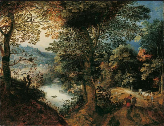 Forest landscape with farmers, vintage artwork by Adriaen van Stalbemt, 12x8" (A4) Poster