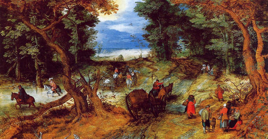 Forest Landscape with Travellers, vintage artwork by Jan Brueghel the Elder, 12x8" (A4) Poster