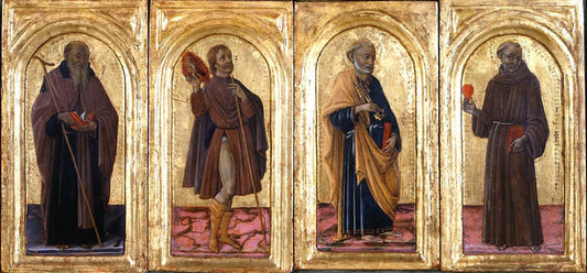Four Saints (Anthony Abbott, Roch, Peter and Anthony of Padua), vintage artwork by Guidoccio Cozzarelli, A3 (16x12") Poster Print