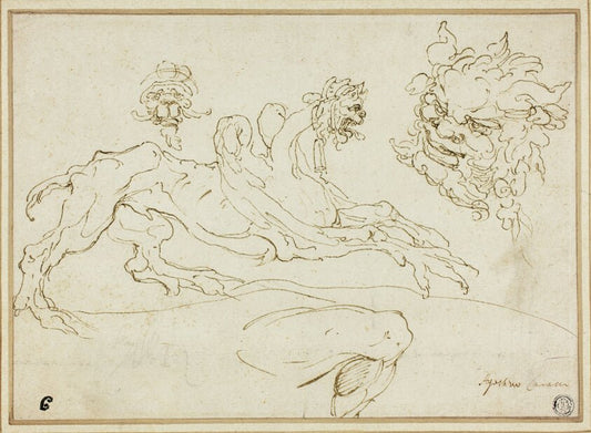 Four Sketches by  Griffin, Grotesque Head, Head of Satyr, Bent Leg by  Attributed to Agostino Carracci, 23x16"( A2 size) Poster Print