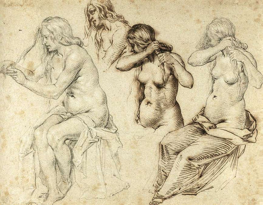 Four Studies of Women Braiding Their Hair, vintage artwork by Jacob de Gheyn II, A3 (16x12") Poster Print