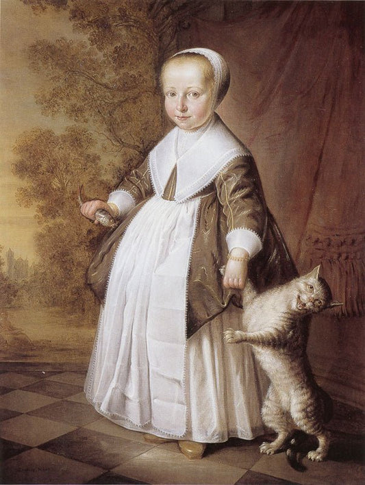 Four-Year-Old Girl with Cat and Fish, vintage artwork by Jacob Gerritsz. Cuyp, 12x8" (A4) Poster