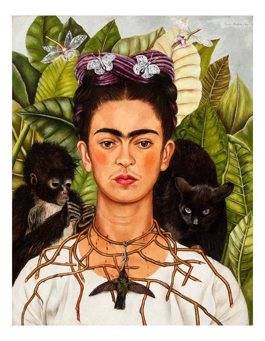 Frida Kahlo - Self Portrait with Thorn Neckace, Hummingbird Cat & Monkey