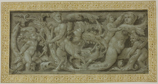 Frieze with Satyr, Nymph, and Putti by  Circle of Giovanni Antonio de'Sacchis, called Il Pordenone, 23x16"( A2 size) Poster Print