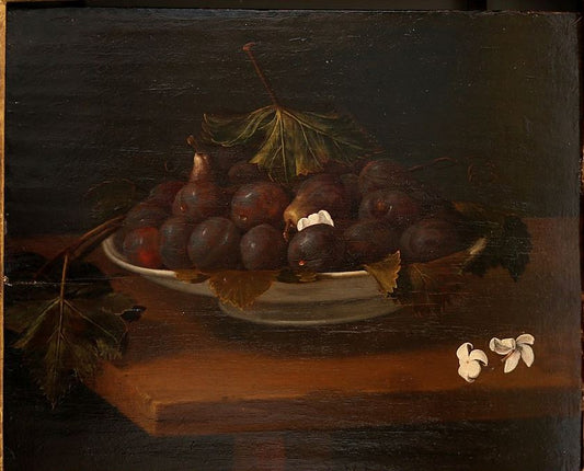 Fruit basket with prunes, figs and two jasmines on a table, vintage artwork by Fede Galizia, 12x8" (A4) Poster
