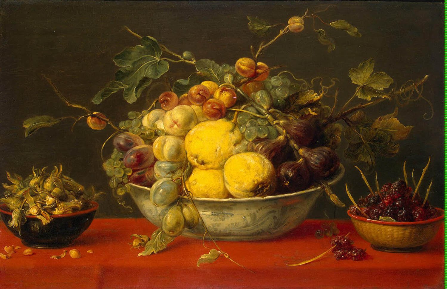 Fruit in a Bowl on a Red Cloth, vintage artwork by Frans Snyders, 12x8" (A4) Poster