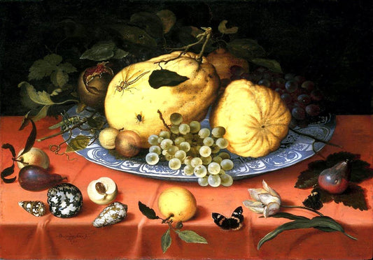 Fruit still life with shells and a tulip, vintage artwork by Balthasar van der Ast, 12x8" (A4) Poster