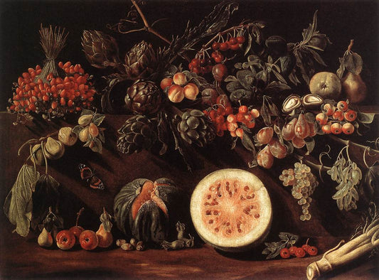Fruit, Vegetables and a Butterfly, vintage artwork by Pietro Paolo Bonzi, 12x8" (A4) Poster