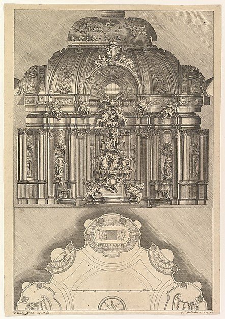 Gabriel Bodenehr , After Paul Decker the Younger:Cross-section and Floorplan of an Indoor Grotto 18th century, vintage artwork, 16x12"(A3) Poster Print