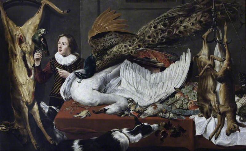 Game Larder Still Life: Hung Games with a Swan and Peacock on a Table, vintage artwork by Frans Snyders, 12x8" (A4) Poster