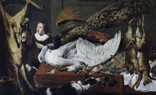Game Larder Still Life: Hung Games with a Swan and Peacock on a Table, vintage artwork by Frans Snyders, 12x8" (A4) Poster