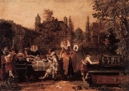 Garden Party before a Palace, vintage artwork by Esaias van der Velde I, 12x8" (A4) Poster