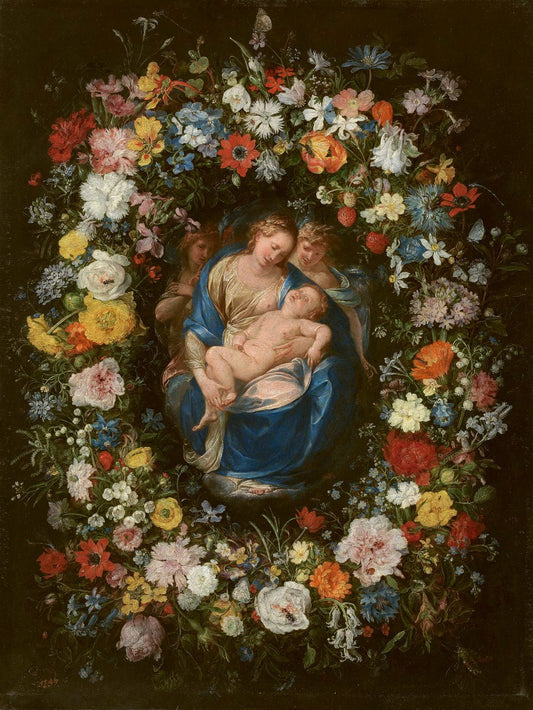 Garland with the Virgin, the Christ Child and Two Angels, vintage artwork by Jan Brueghel the Elder, 12x8" (A4) Poster