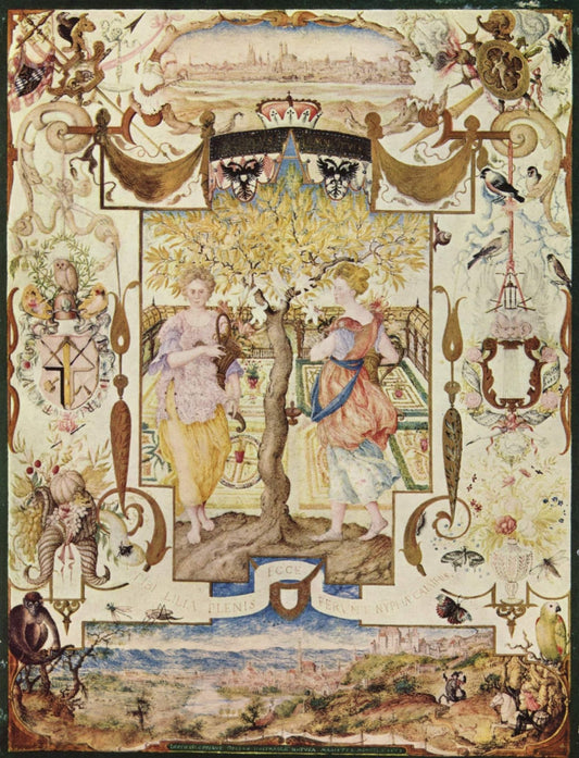 Garten mit zwei Nymphen, vintage artwork by Joris Hoefnagel, A3 (16x12") Poster Print