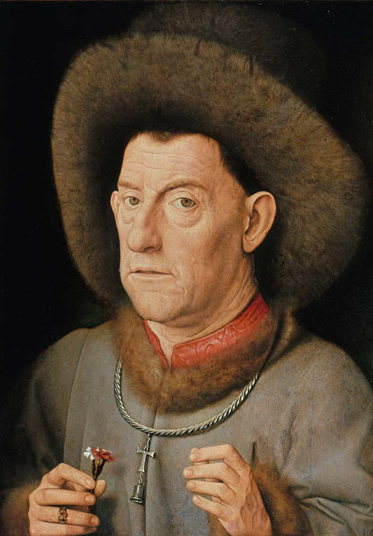 man with pinks by J. van Eyck,  ca.1510, 12x8" (A4) Poster
