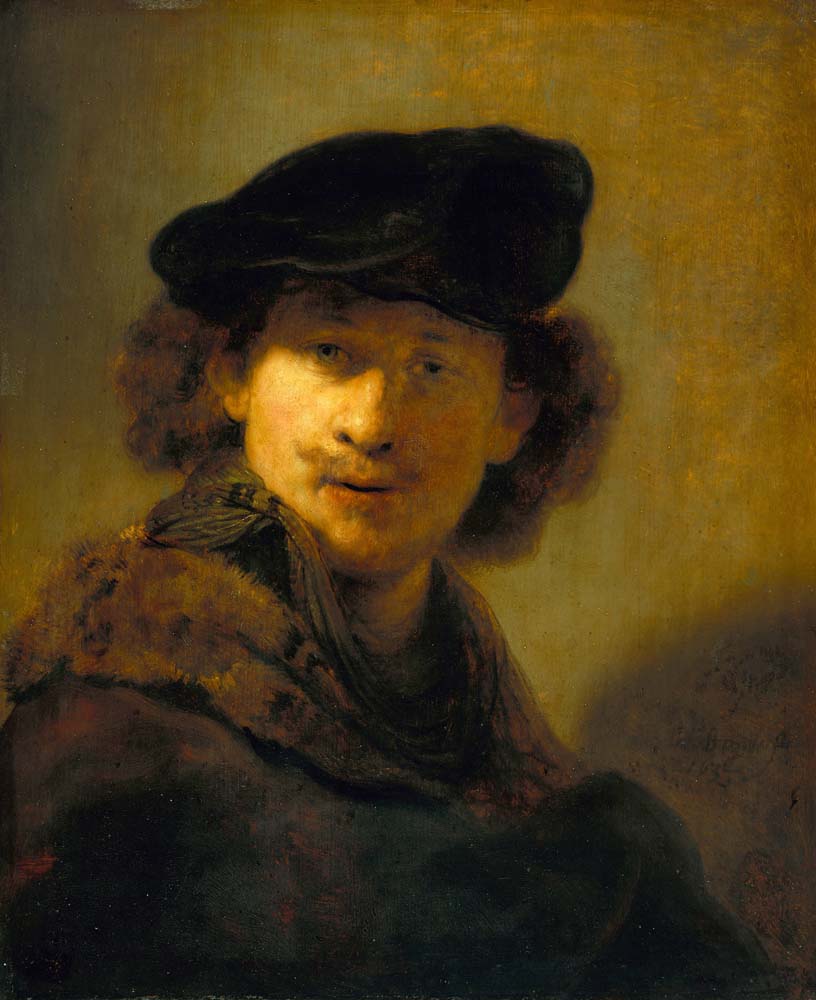 self portrait with velvet beret by Rembrandt, 12x8" (A4) Poster