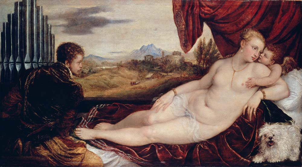 venus with organ player by Titian, ca1550, 12x8" (A4) Poster
