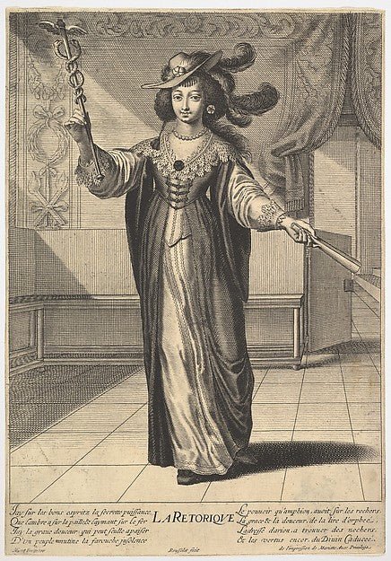 Gilles Rousselet , After Grégoire Huret:Rhetoric: a young woman standing in a decorated interior with a caduceus in her right hand and a closed fan in her left hand from the series 'The liberal arts' 1633–35, vintage artwork, 16x12"(A3) Poster Print