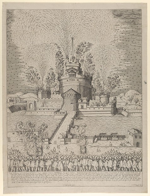 Giovanni Ambrogio Brambilla:The firework display called 'Girandola' at the Castello Sant'Angelo in Rome a nocturnal scene with fireworks issuing from the castle and a crowd of spectators in the foreground 1579, vintage artwork, 16x12"(A3) Poster Print