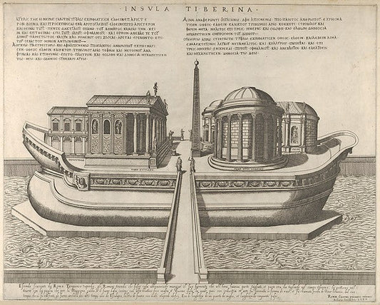 Giovanni Ambrogio Brambilla:View of the Tiber Island represented as a ship the Temple of Aesculapius at left 1582, vintage artwork, 16x12"(A3) Poster Print