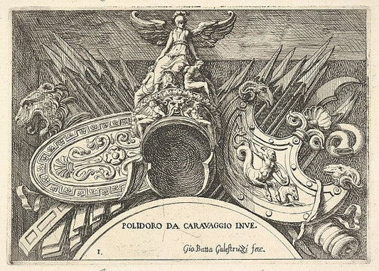 Giovanni Battista Galestruzzi , After Polidoro da Caravaggio:Plate 1: trophies of Roman arms from decorations above the windows on the second floor of the Palazzo Milesi in Rome 1656–58, vintage artwork, 16x12"(A3) Poster Print