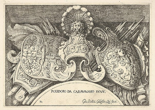 Giovanni Battista Galestruzzi , After Polidoro da Caravaggio:Plate 2: trophies of Roman arms from decorations above the windows on the second floor of the Palazzo Milesi in Rome 1656–58, vintage artwork, 16x12"(A3) Poster Print